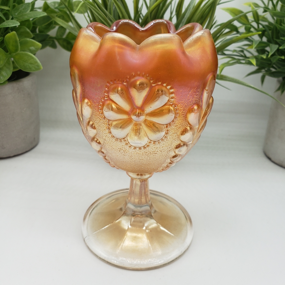 Northwood Marigold Carnival Glass Daisy and Plume Pedestal Rose Bowl